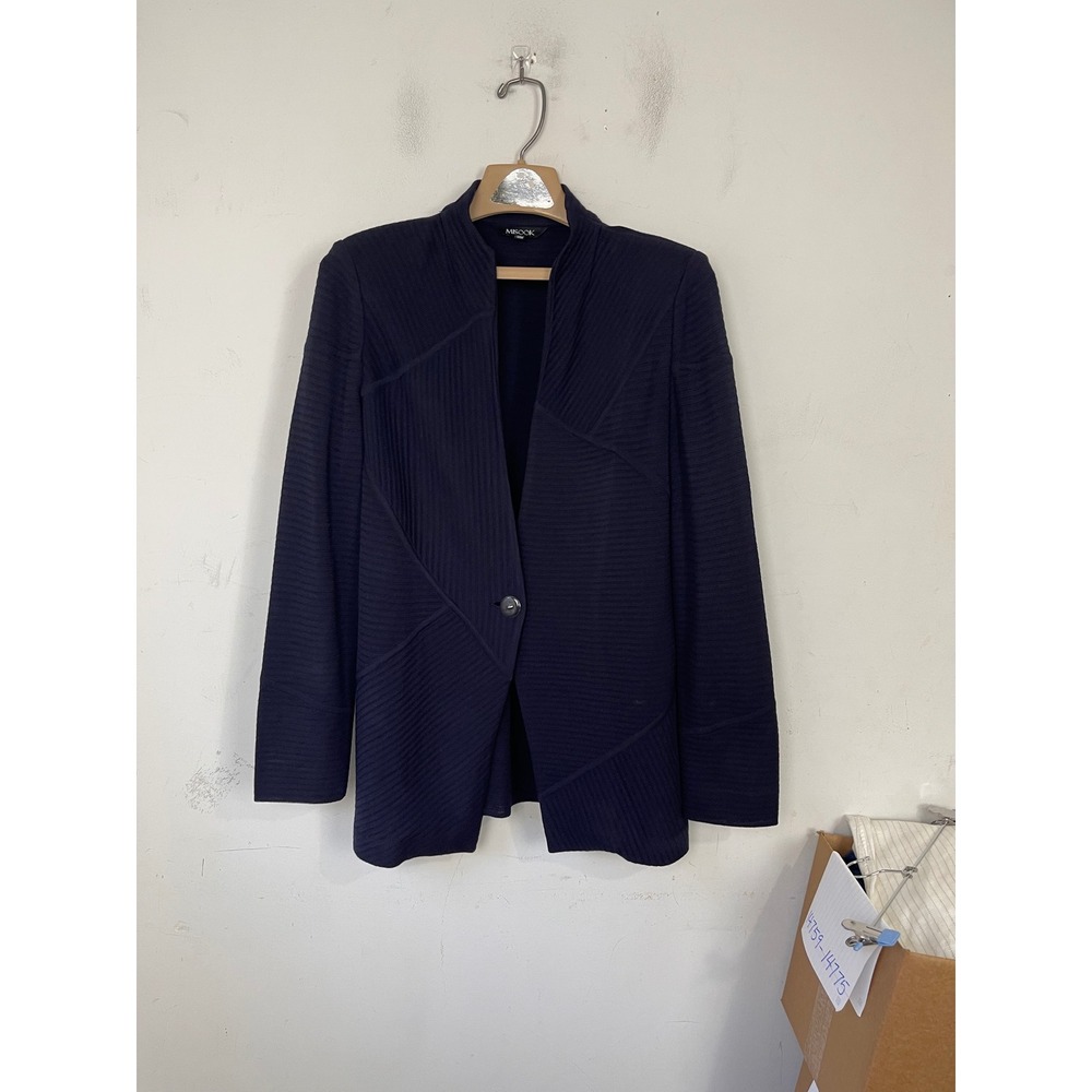 Misook Navy Blue Ribbed Knit Geometric Jacket‎ Mock Neck Single Button Size S